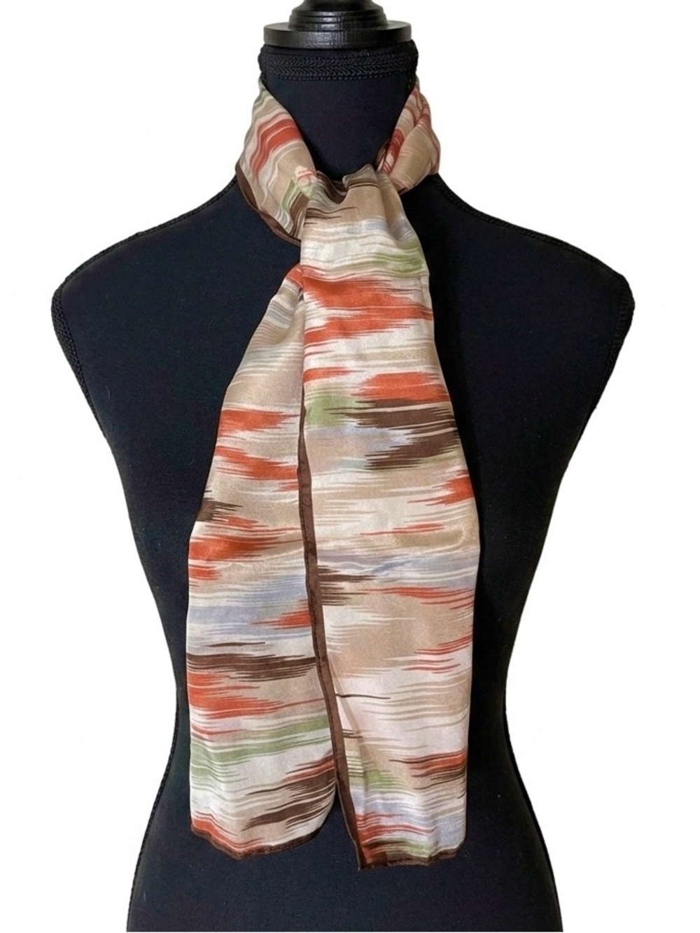 JONES NEW YORK Ikat Pattern Silk Oblong Scarf Lightweight Cream Orange Brown